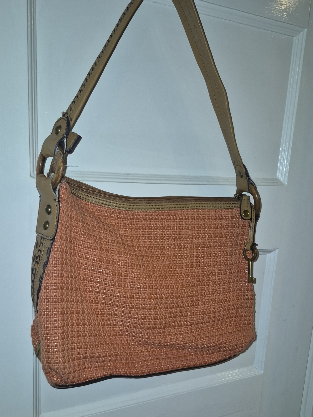 Fossil Coral Woven Shoulder Bag with Tan Leather Trim